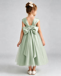 Sage Green Flower Girl Dress Sweetheart Neck V-Back Bow Tulle Midi Dress Back View