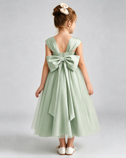 Sage Green Flower Girl Dress Sweetheart Neck V-Back Bow Tulle Midi Dress Back View