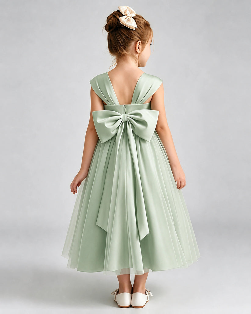 Sage Green Tulle A-line Flower Girl Dress Back View