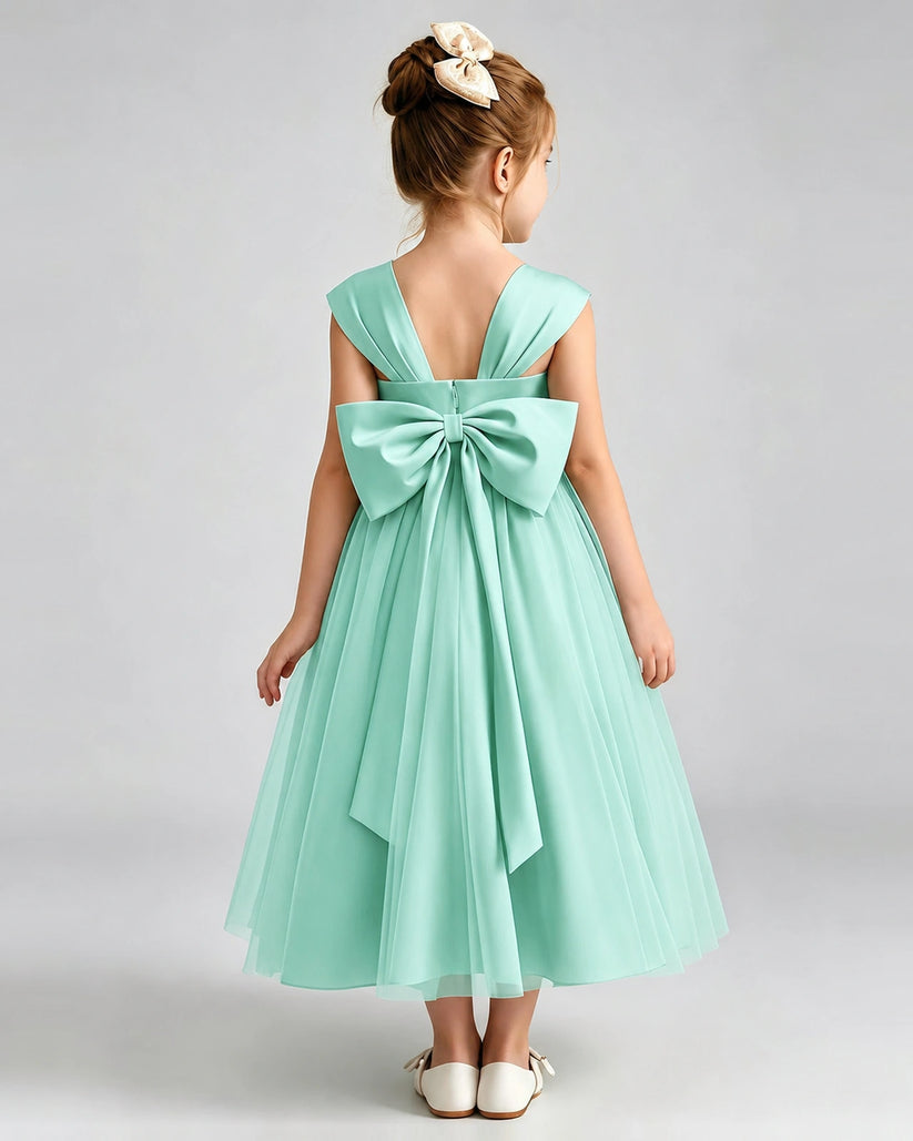 Turquoise Tulle A-line Flower Girl Dress Back View