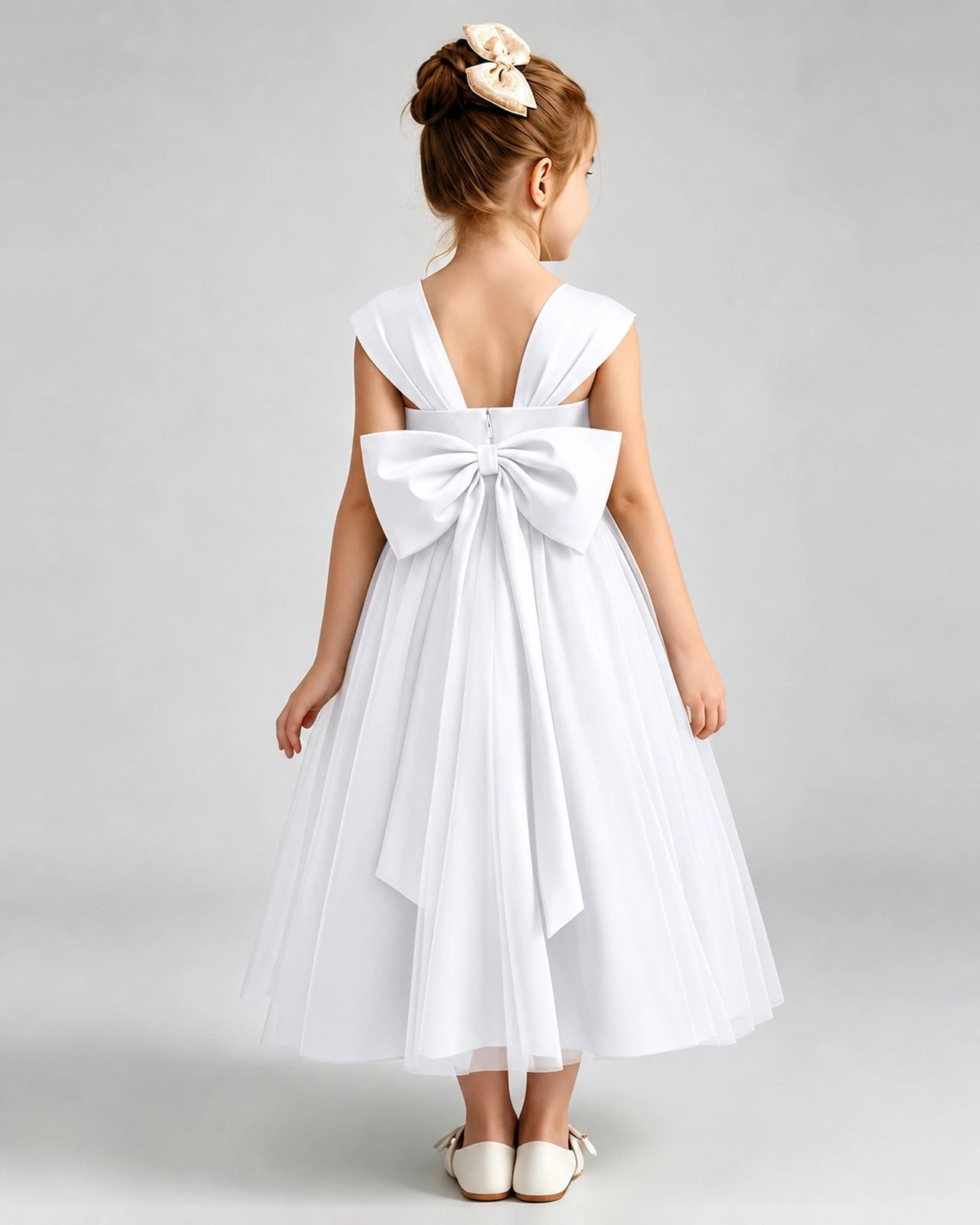 White Flower Girl Dress Sweetheart Neck V-Back Bow Tulle Midi Dress Back View