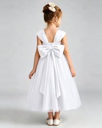 White Flower Girl Dress Sweetheart Neck V-Back Bow Tulle Midi Dress Back View