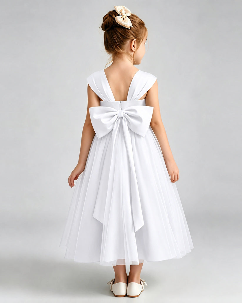 White Tulle A-line Flower Girl Dress Back View