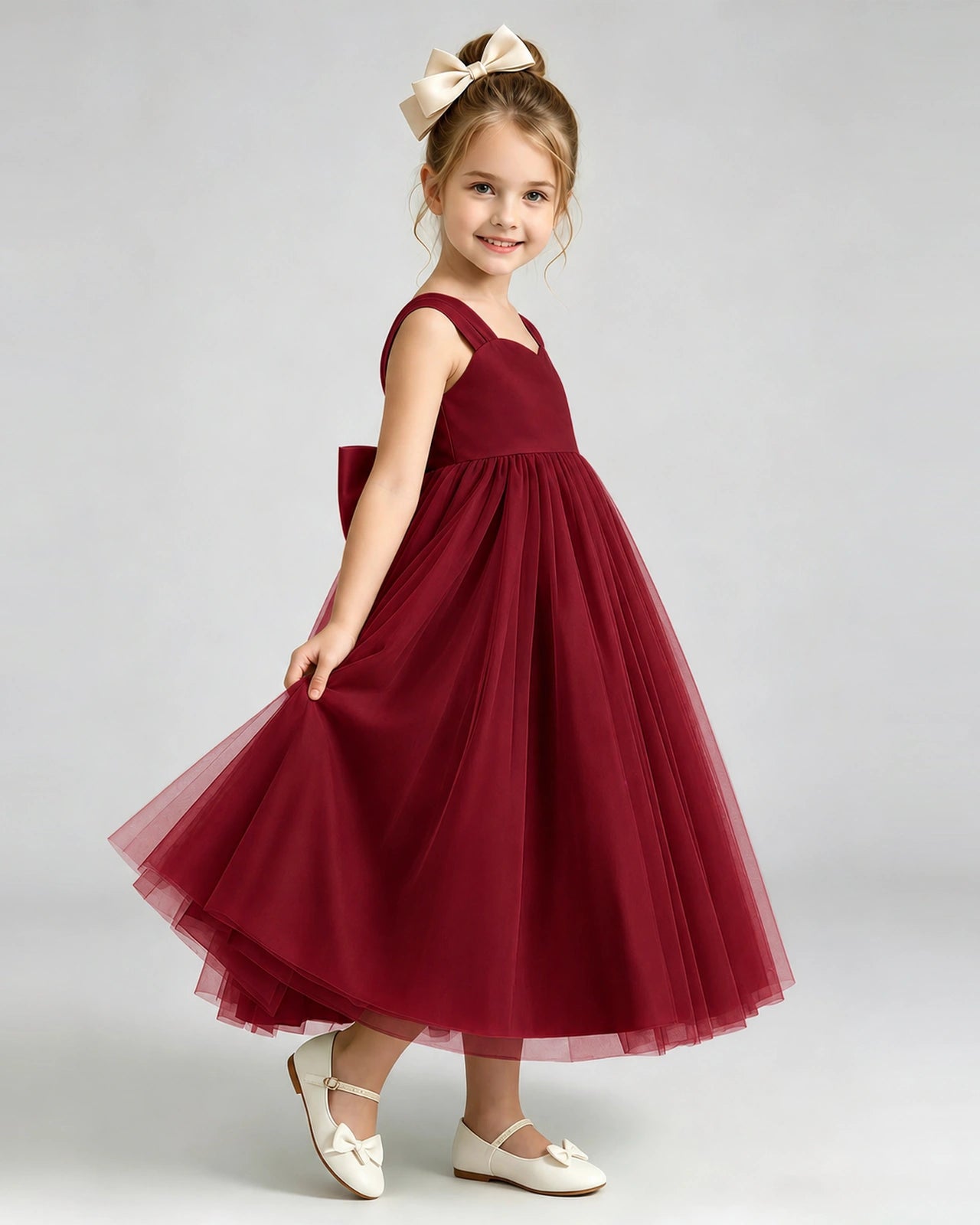 Windred Flower Girl Dress Sweetheart Neck V-Back Bow Tulle Midi Dress Side View