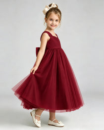 Windred Flower Girl Dress Sweetheart Neck V-Back Bow Tulle Midi Dress Side View