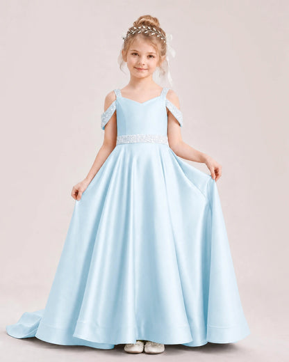 Baby Blue Kids Pageant Gown Off Shoulder Satin Long Train Formal Dress Front View