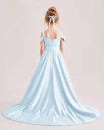 Baby Blue Kids Pageant Gown Off Shoulder Satin Long Train Formal Dress  Back View