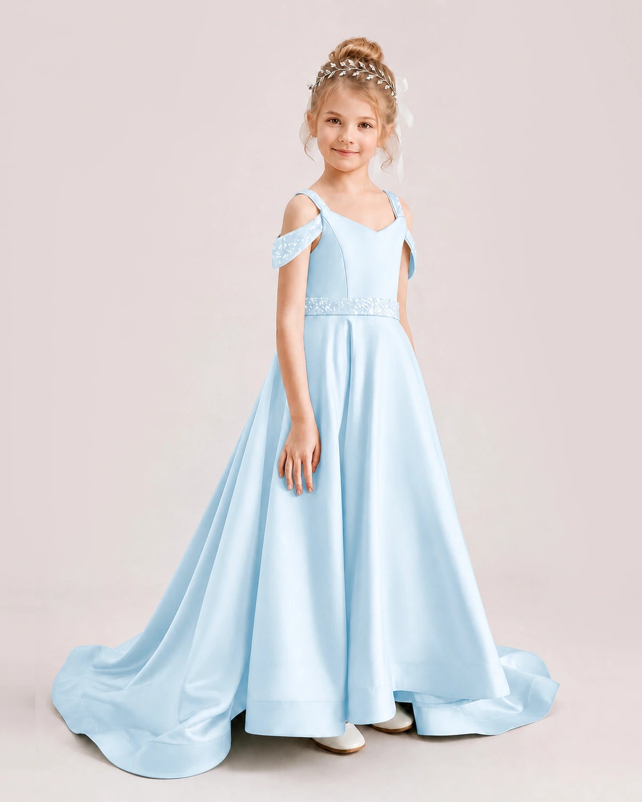 Baby Blue Kids Pageant Gown Off Shoulder Satin Long Train Formal Dress Side View