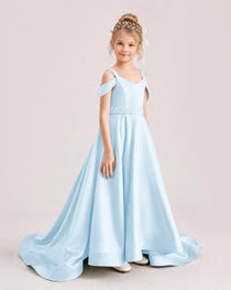 Baby Blue Kids Pageant Gown Off Shoulder Satin Long Train Formal Dress Side View