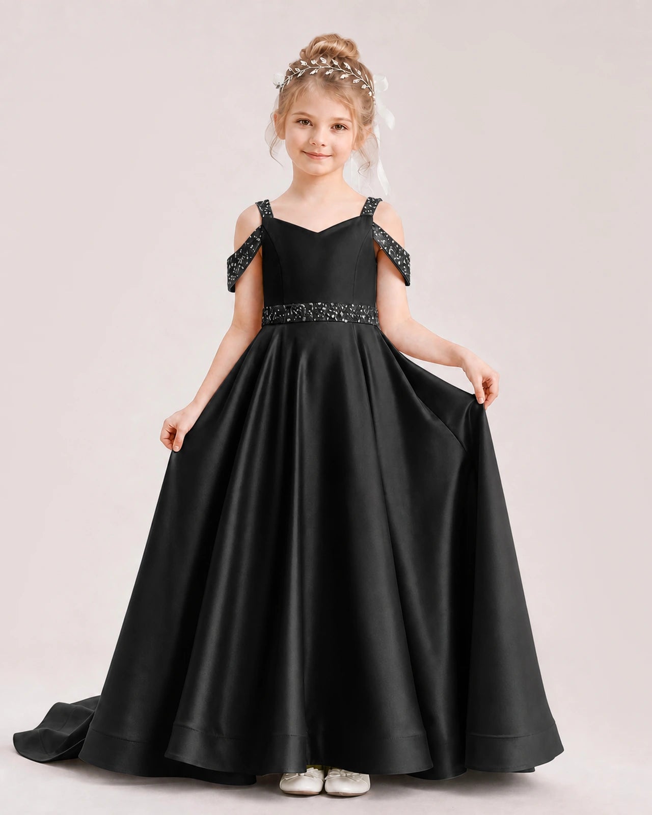 Black Kids Pageant Gown Off Shoulder Satin Long Train Formal Dress  Front View