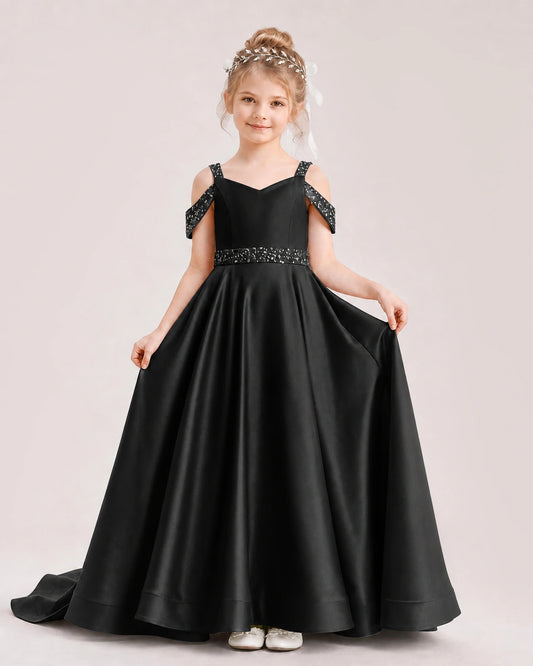Black Satin A-line Pageant Dress Front View