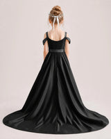 Black Satin A-line Pageant Dress Back View