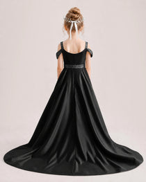 Black Kids Pageant Gown Off Shoulder Satin Long Train Formal Dress Back View