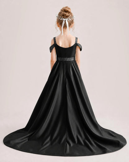 Black Kids Pageant Gown Off Shoulder Satin Long Train Formal Dress Back View