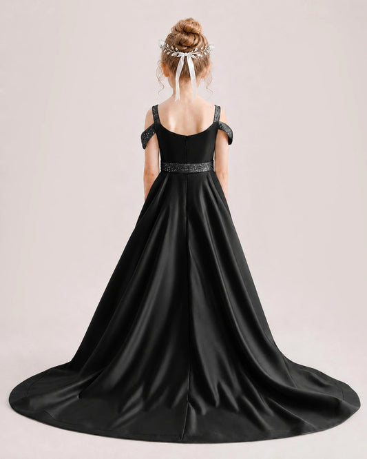 Black Satin A-line Pageant Dress Back View