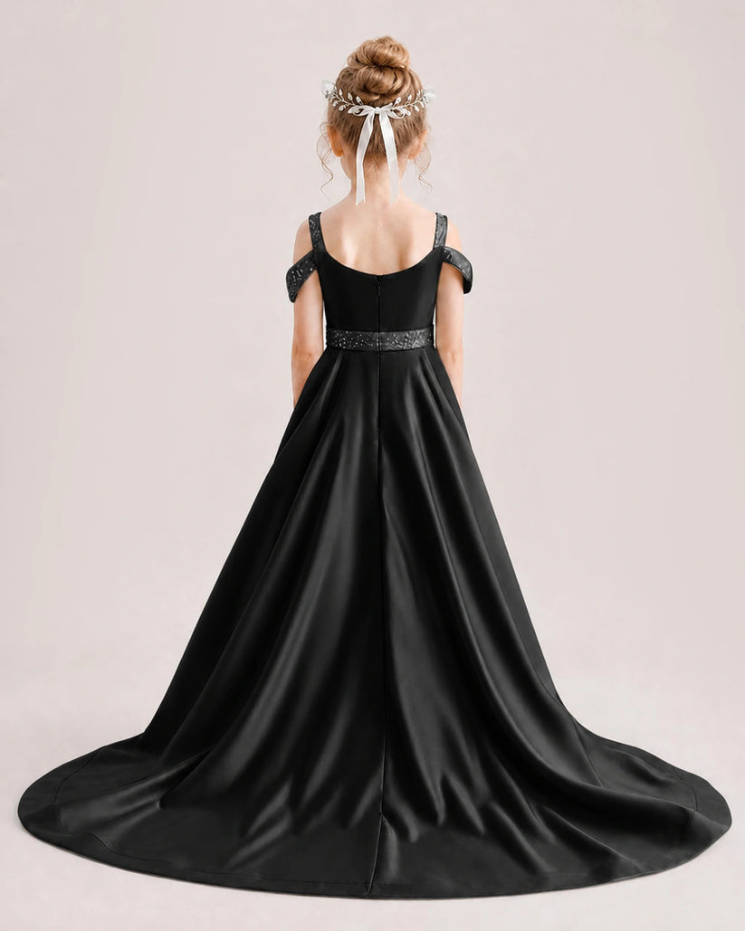 Black Satin A-line Pageant Dress Back View