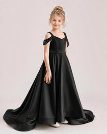 Black Kids Pageant Gown Off Shoulder Satin Long Train Formal Dress Side View