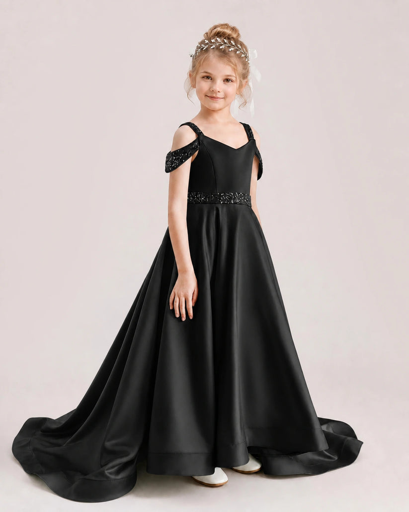 Black Satin A-line Pageant Dress Front View