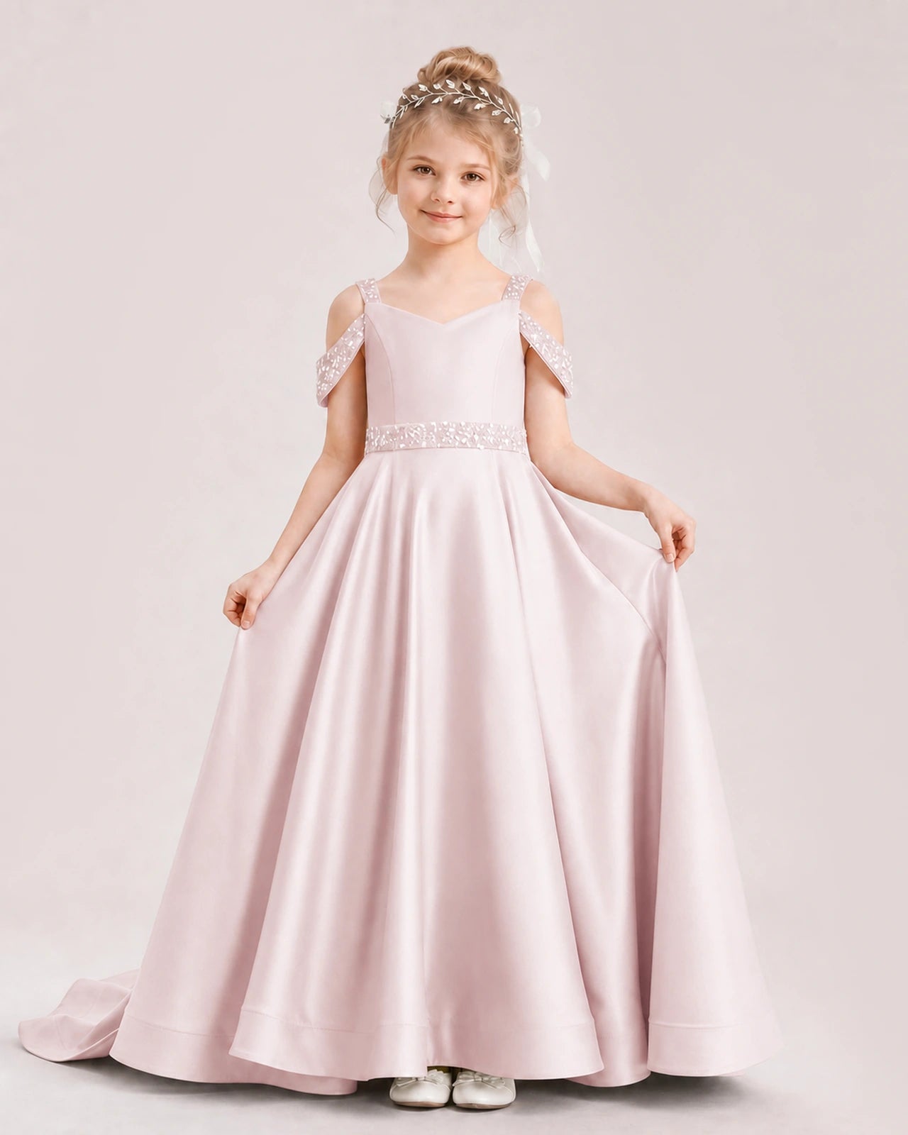 Blush Pink Kids Pageant Gown Off Shoulder Satin Long Train Formal Dress Front View