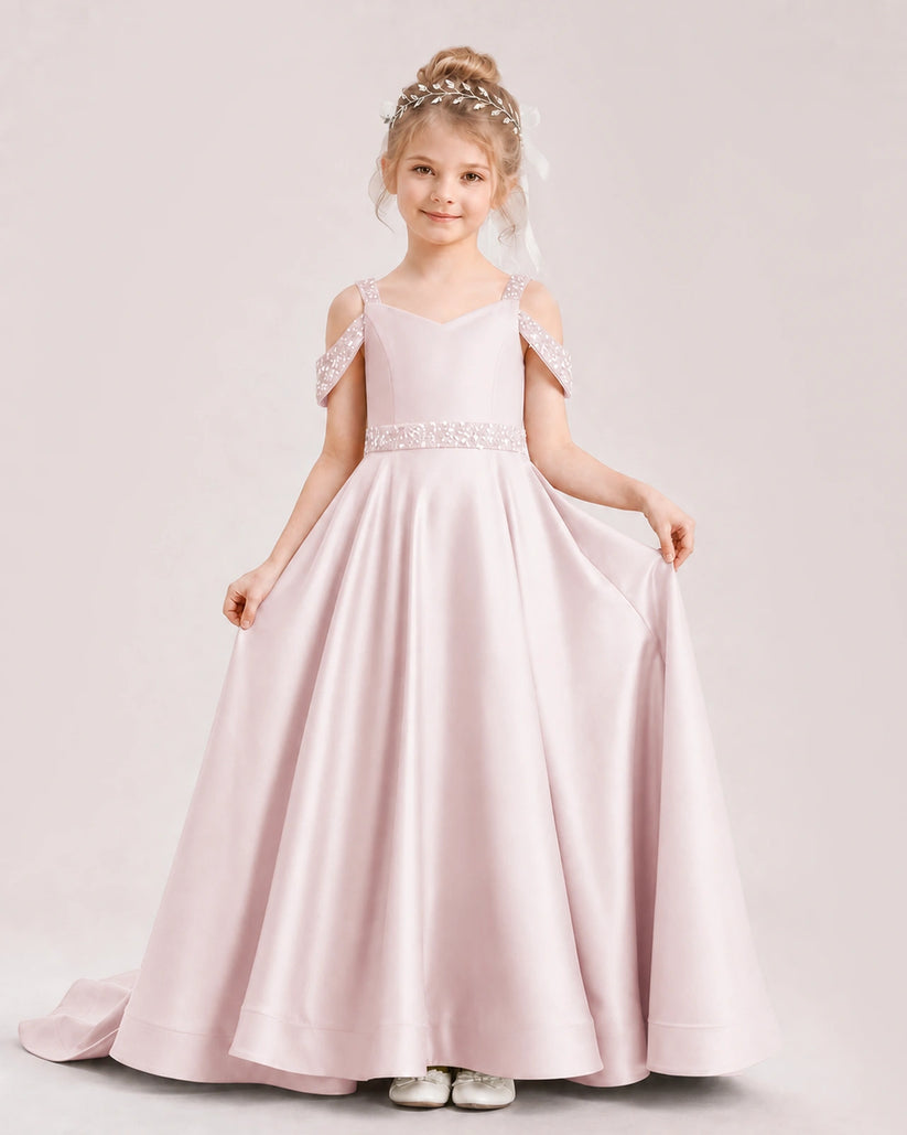 Blush Pink Satin A-line Pageant Dress Front View