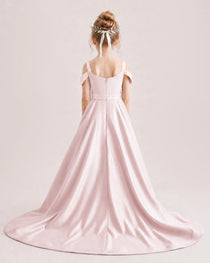 Blush Pink Kids Pageant Gown Off Shoulder Satin Long Train Formal Dress Back View