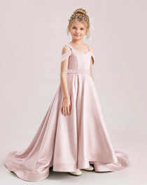 Blush Pink Kids Pageant Gown Off Shoulder Satin Long Train Formal Dress Side View