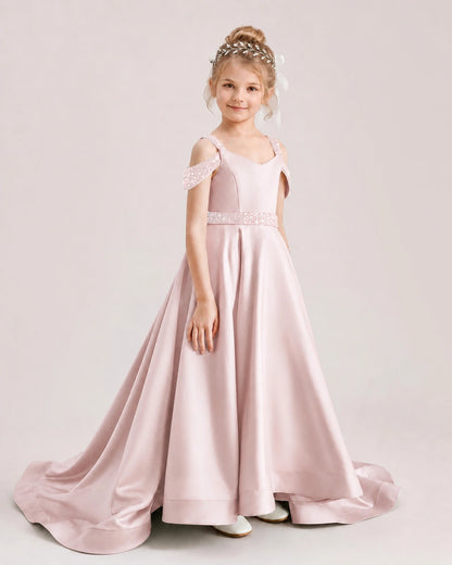 Blush Pink Kids Pageant Gown Off Shoulder Satin Long Train Formal Dress Side View
