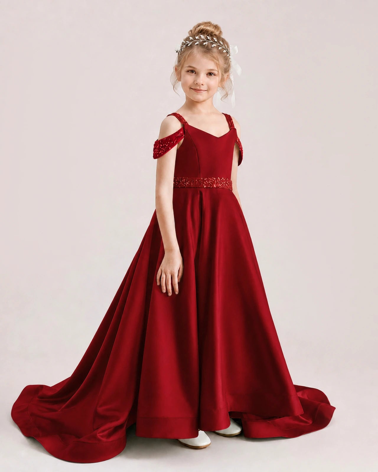 Burgundy Kids Pageant Gown Off Shoulder Satin Long Train Formal Dress Side View