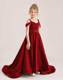 Burgundy Kids Pageant Gown Off Shoulder Satin Long Train Formal Dress Side View