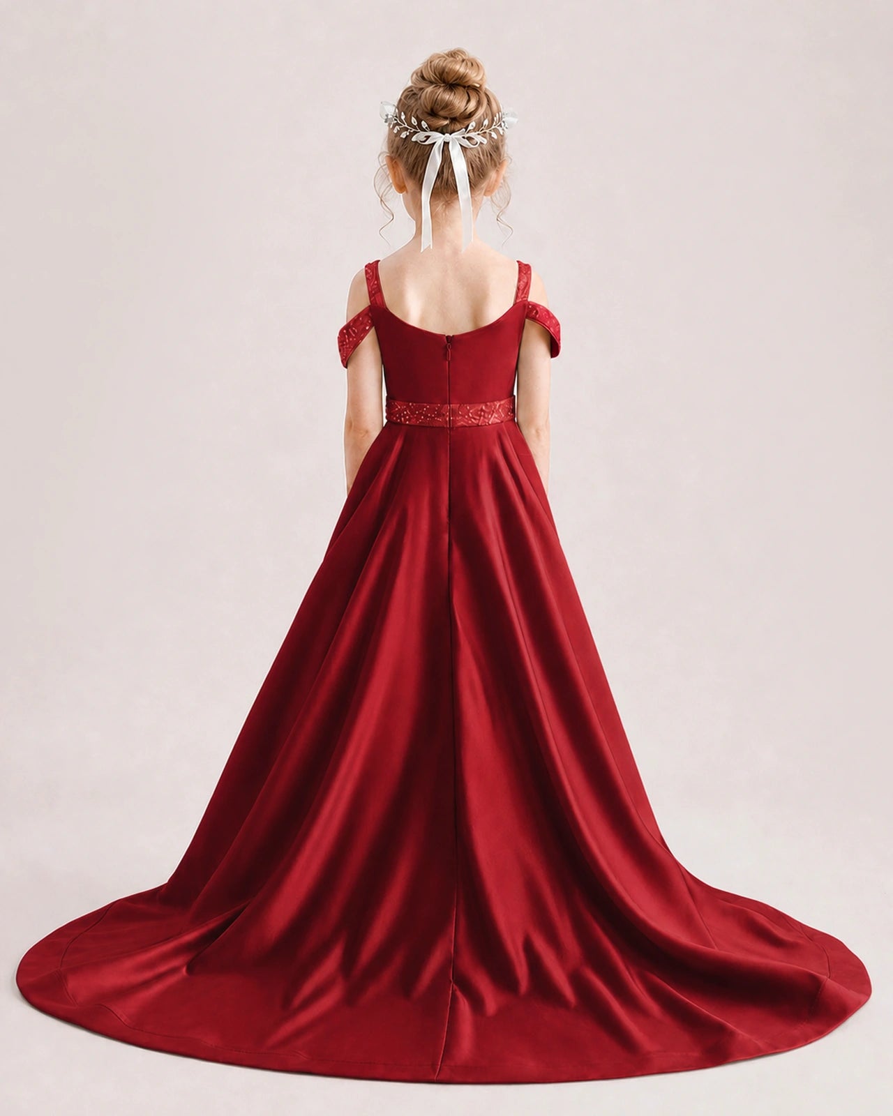 Burgundy Kids Pageant Gown Off Shoulder Satin Long Train Formal Dress Back View