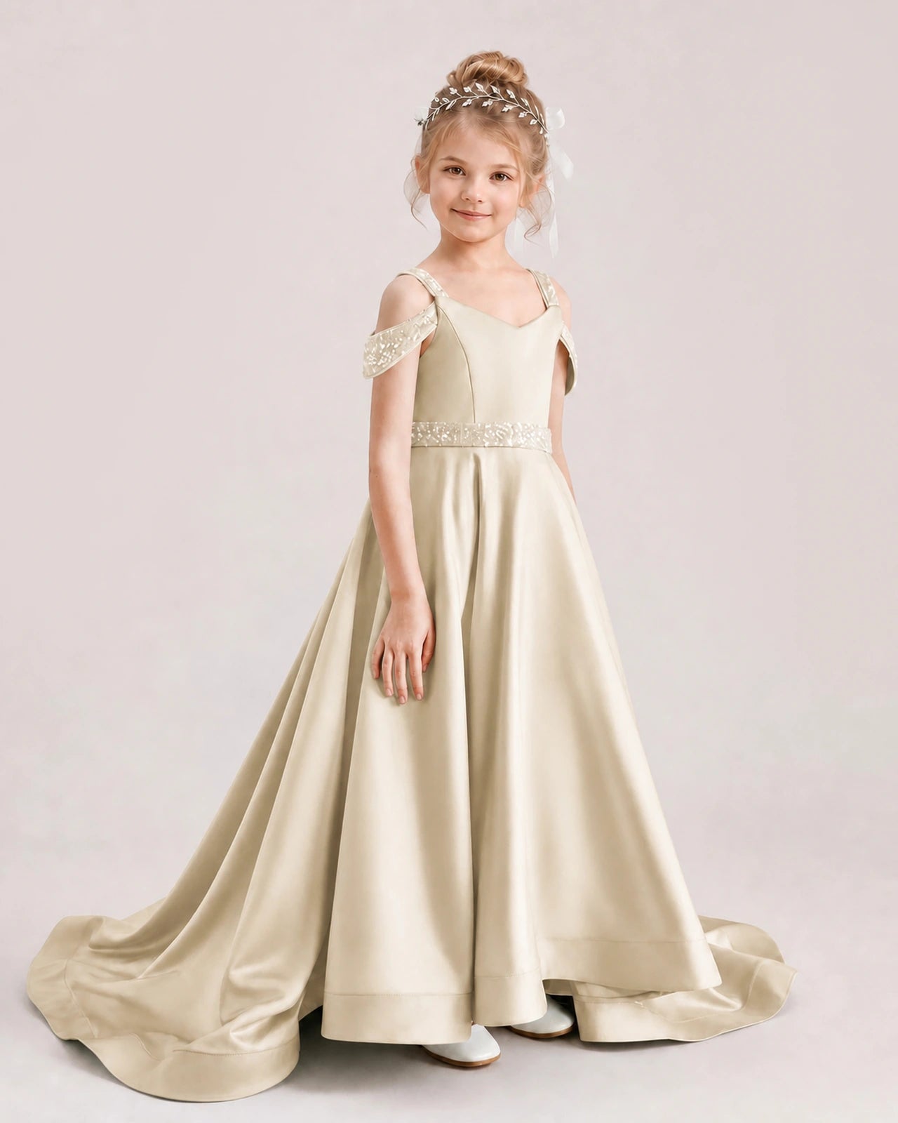 Champagne Kids Pageant Gown Off Shoulder Satin Long Train Formal Dress Side View