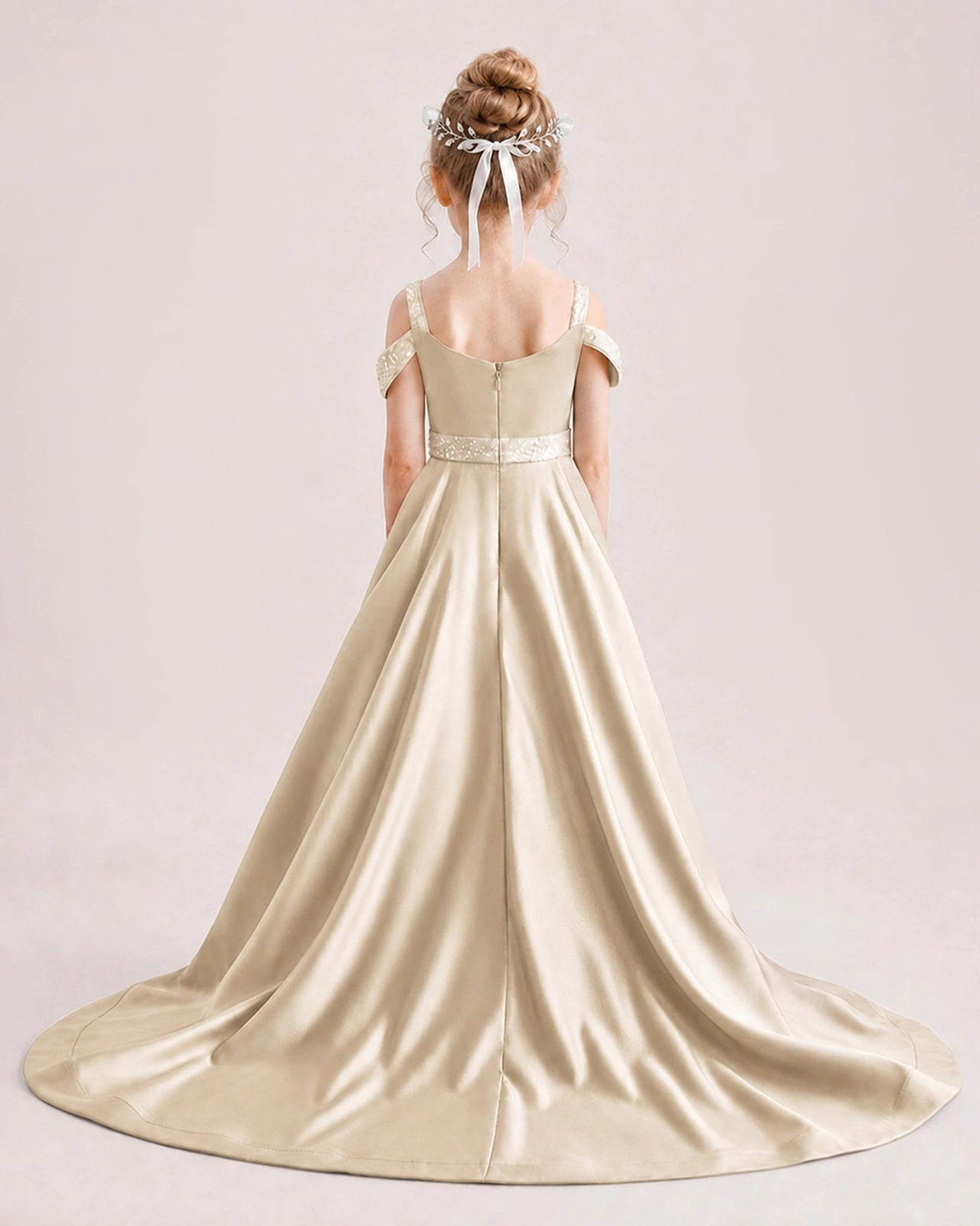 Champagne Kids Pageant Gown Off Shoulder Satin Long Train Formal Dress Back View