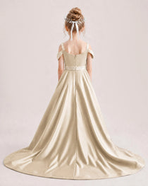Champagne Kids Pageant Gown Off Shoulder Satin Long Train Formal Dress Back View