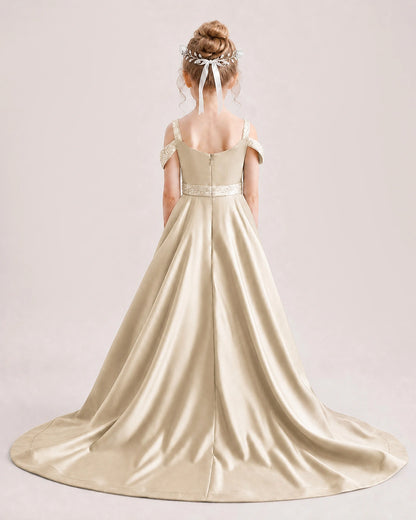 Champagne Kids Pageant Gown Off Shoulder Satin Long Train Formal Dress Back View