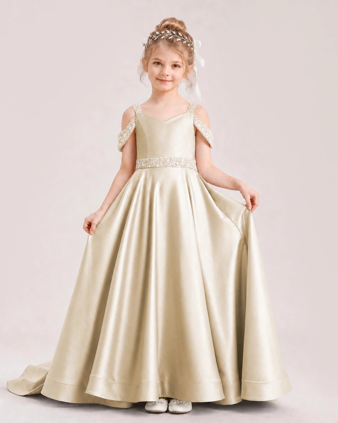 Champagne Kids Pageant Gown Off Shoulder Satin Long Train Formal Dress Front View