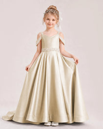 Champagne Kids Pageant Gown Off Shoulder Satin Long Train Formal Dress Front View