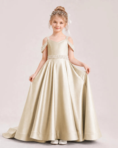 Champagne Kids Pageant Gown Off Shoulder Satin Long Train Formal Dress Front View