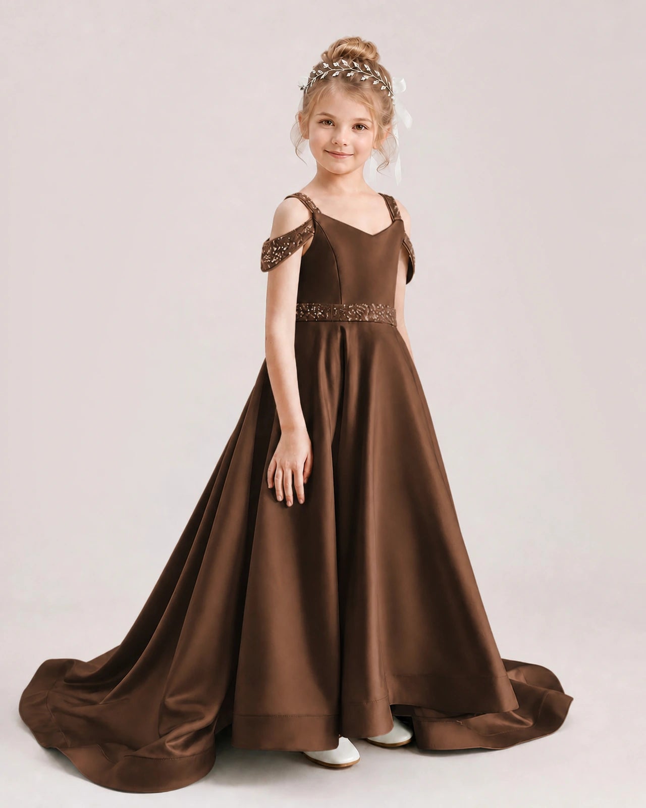 Chocolate Kids Pageant Gown Off Shoulder Satin Long Train Formal Dress Side View