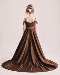 Chocolate Kids Pageant Gown Off Shoulder Satin Long Train Formal Dress Back View