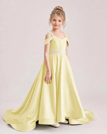 Daffodil Kids Pageant Gown Off Shoulder Satin Long Train Formal Dress Side View