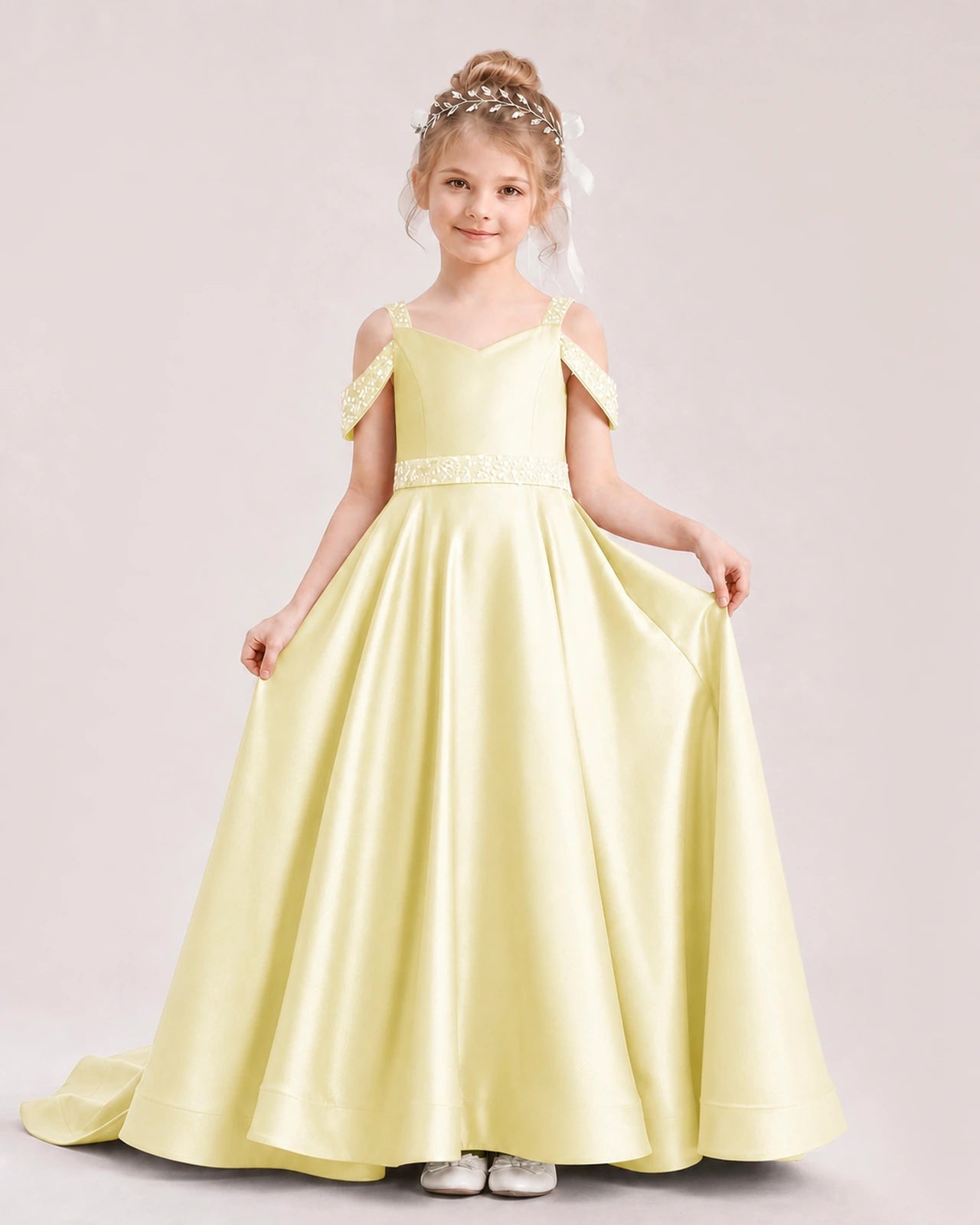 Daffodil Kids Pageant Gown Off Shoulder Satin Long Train Formal Dress Front View
