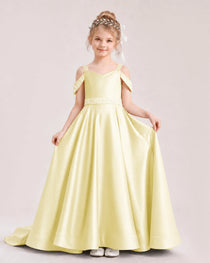 Daffodil Kids Pageant Gown Off Shoulder Satin Long Train Formal Dress Front View