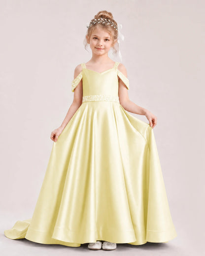 Daffodil Kids Pageant Gown Off Shoulder Satin Long Train Formal Dress Front View