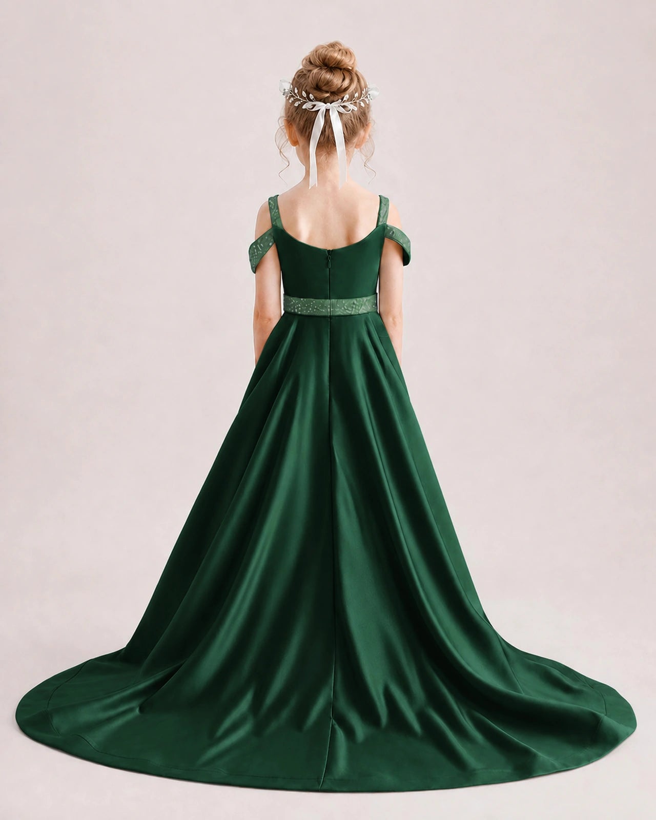 Dark Green Kids Pageant Gown Off Shoulder Satin Long Train Formal Dress Back View