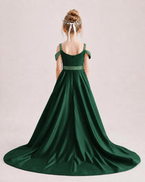 Dark Green Kids Pageant Gown Off Shoulder Satin Long Train Formal Dress Back View