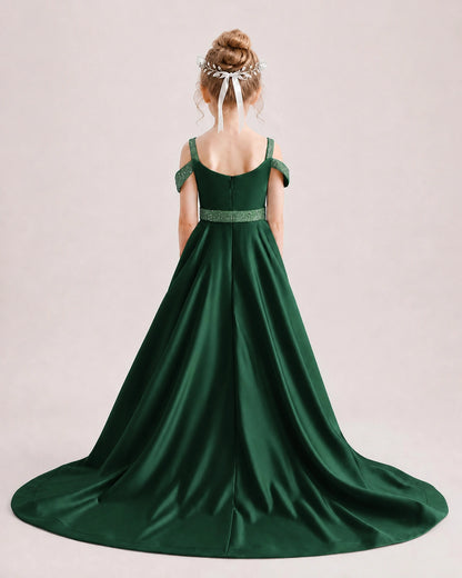 Dark Green Kids Pageant Gown Off Shoulder Satin Long Train Formal Dress Back View