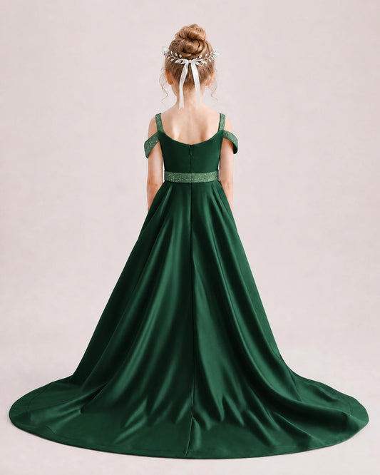 Dark Green Satin A-line Pageant Dress Back View