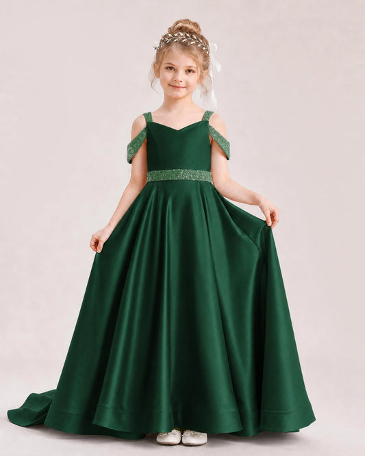 Dark Green Satin A-line Pageant Dress Front View
