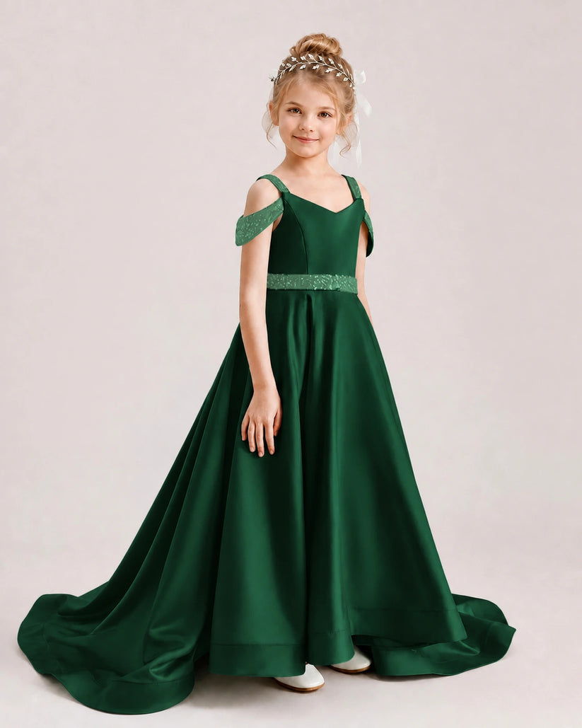 Dark Green Satin A-line Pageant Dress Front View