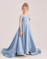 Dusty Blue Satin A-line Pageant Dress Front View